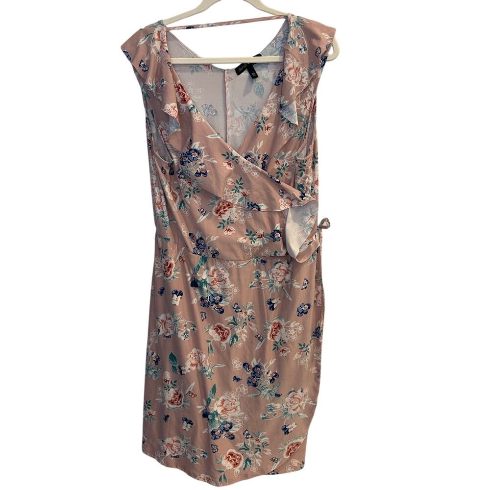 Derek Heart Pink Floral Wrap Dress Ruffle Cap Sleeve Butterfly Plus Size 2X